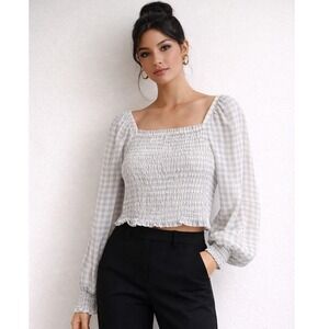 ANN TAYLOR Gingham Square Neck Smocked Crop Top Long Sleeve Women's Size‎ S